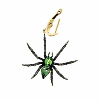 Green Spider earring in pink gold. green tourmaline,  tsavorite, black diamond and white diamond available at Mad Lords