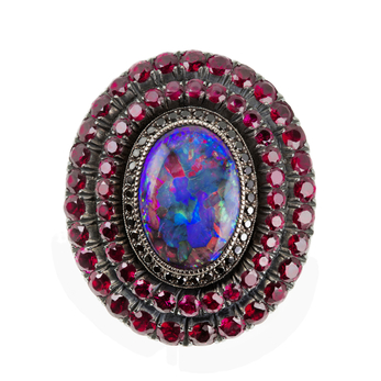 Ring in black gold, black opal and ruby