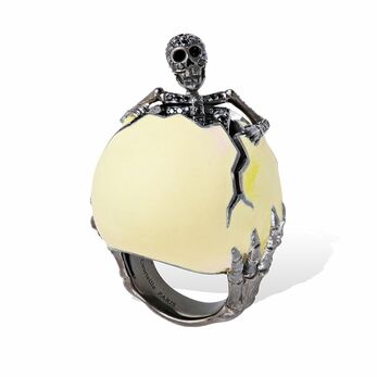 Skeleton gold, enamel and black diamond ring