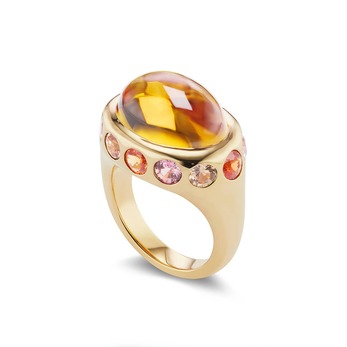 One-of-a-Kind Crown Ring in gold, cabochon citrine and multi-coloured Sapphires