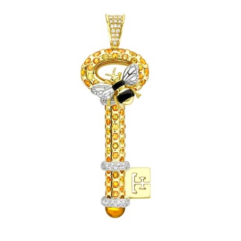 Bee Mine Limited Edition Key Pendant in yellow gold, yellow sapphire, orange sapphire, citrine, diamond and onyx
