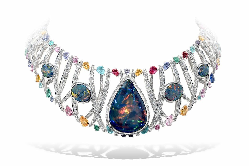 Ribbon High Jewellery necklace from the 60th Anniversary High Jewellery collection set with a 77.57-ct Australian black opal, diamond, pink and blue spinel, a 7.68-ct pear shaped garnet and Paraiba tourmaline