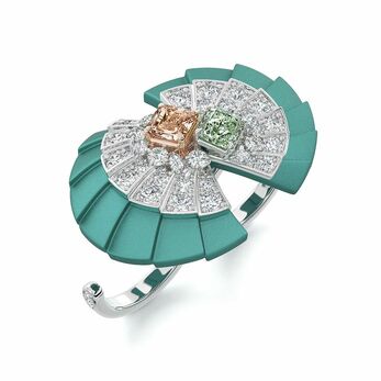 Ascending Shadows Light Green cocktail ring from the Alchemist of Light High Jewellery collection in white gold, rose gold, titanium, aluminium, orange-brown diamond, fancy yellowish green diamond and white diamond