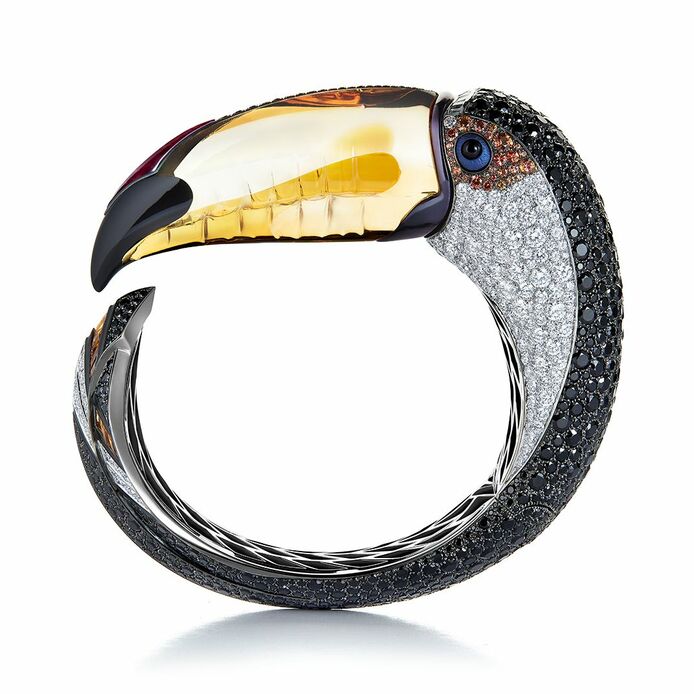 Toucan High Jewellery bracelet from the Ailleurs High Jewellery collection in titanium, citrine, rubellite and white and black spinel