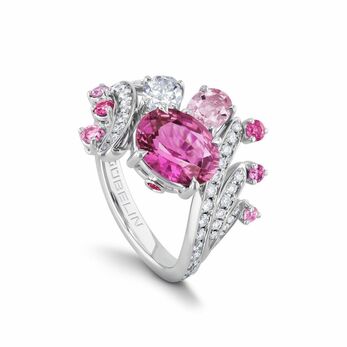 Splendid Feather ring in white gold, pink sapphire and diamond