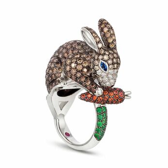 Rabbit ring in white gold, brown diamond, blue sapphire, orange sapphire and natural green garnet
