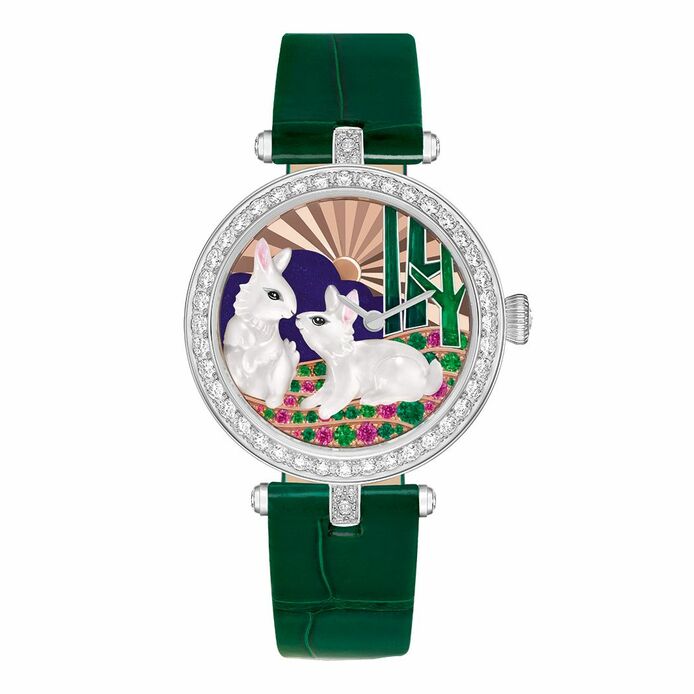 Lady Duo de Lapins watch in white gold, diamond, emerald, lapis lazuli, mother-of-pearl, sapphire and tsavorite