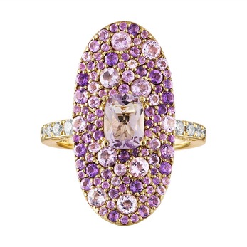 Gold, amethyst, coloured gemstones and diamond ring 
