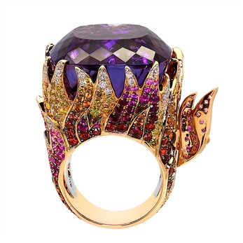 Flame ring in gold, coloured gemstones and amethyst