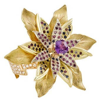 Gold, amethyst, coloured gemstones and diamond brooch