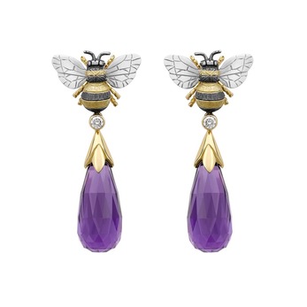 Large Bee Drop earrings in gold, amethyst and diamond