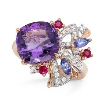 Gold, amethyst, coloured gemstones and diamond ring 