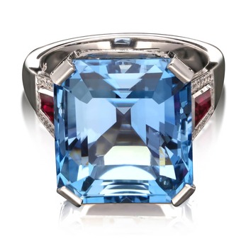 Ring in white gold, aquamarine, ruby and diamond
