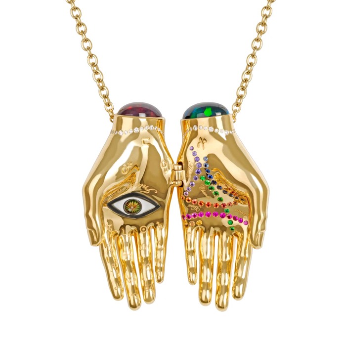 Eternal Love Hands pendant in gold, sapphire, enamel, black opal, tsavorite and diamond