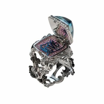 Love of Courage Tattoo ring in white gold, black gold, sugarloaf cabochon aquamarine, pink sapphires and diamonds