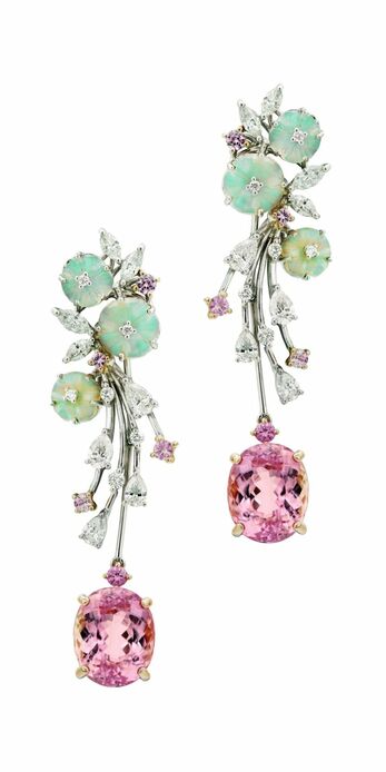 Earrings in white gold, imperial topaz , opal and diamond