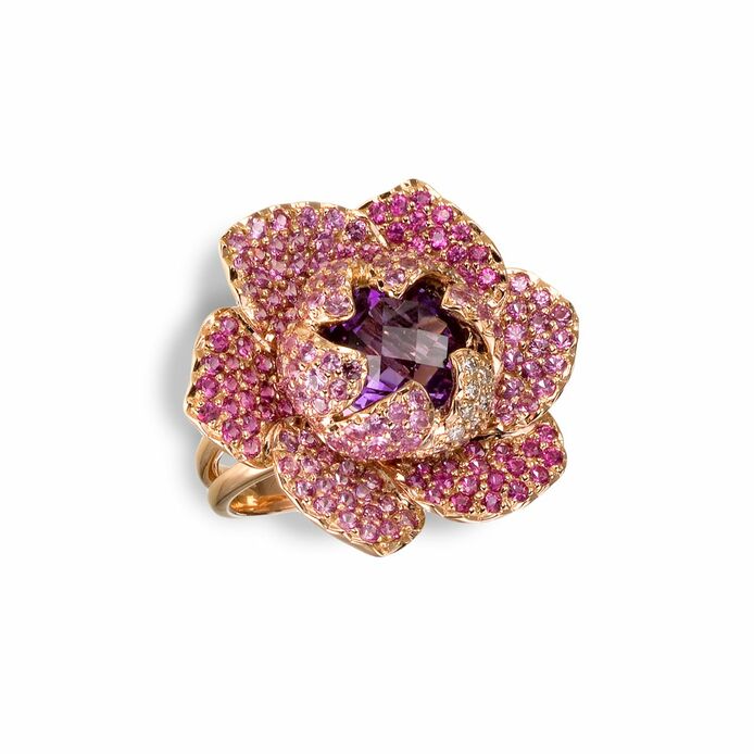 Flora Rosa ring in gold, amethyst, pink sapphire and diamond