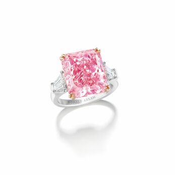 Ring featuring a 10.24-ct Radiant Cut Fancy Intense Purplish-Pink diamond 