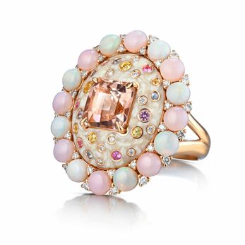 Opera ring in rose gold, pink tourmaline, pearlesque ceramic, sapphire, opal and diamond