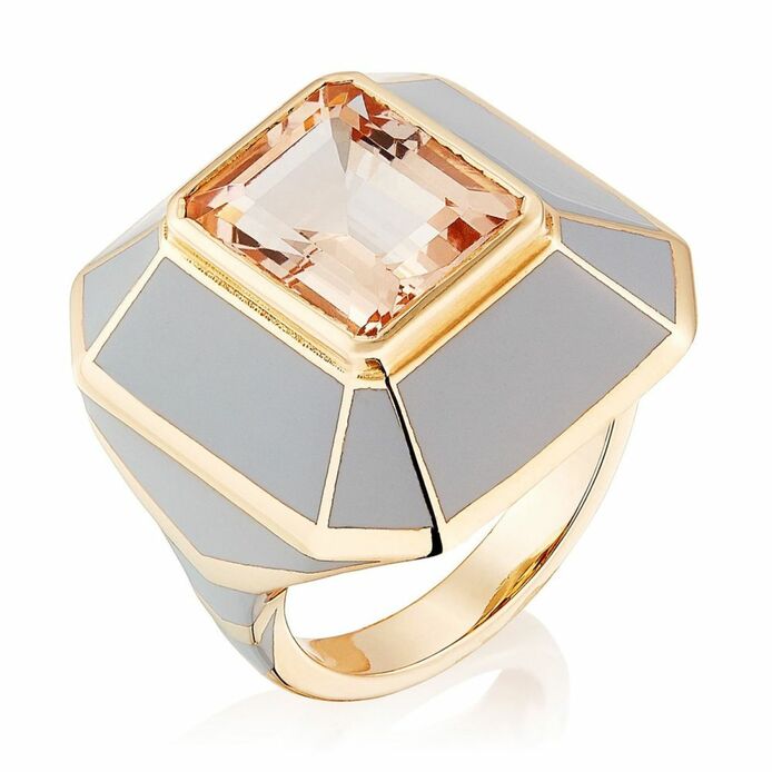 Candy Lacquer Signet ring in gold, grey enamel and morganite