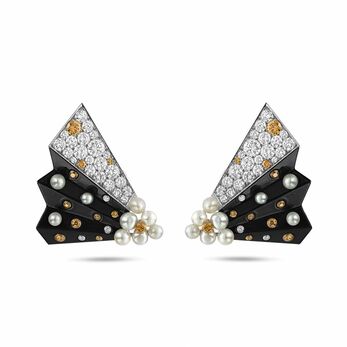 High Jewellery earrings in black gold, diamond, coloured gemstone and pearl