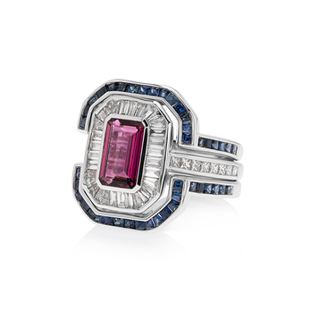 Ring in white gold, sapphire, diamond and tourmaline 