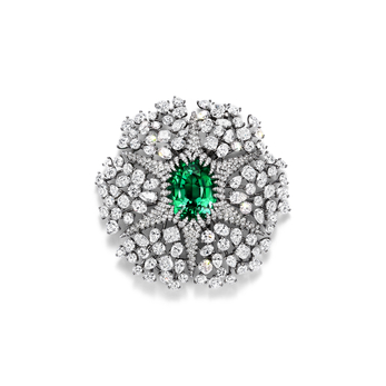 Set in platinum with an unenhanced green cuprian elbaite tourmaline of over 22 carats and diamonds from the 2023 Blue Book collection