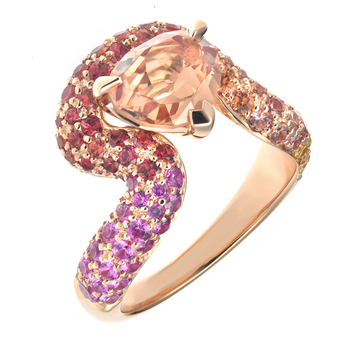 Aurora ring in rose gold, custom cut Tunduru garnet and sapphire