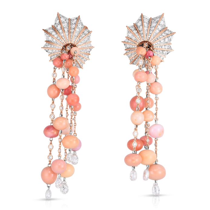 Earrings in gold, white gold, coral, pink opal and diamond