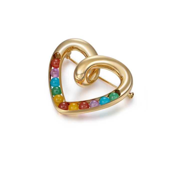 Beating Heart brooch in gold, carnelian, amethyst and chalcedony