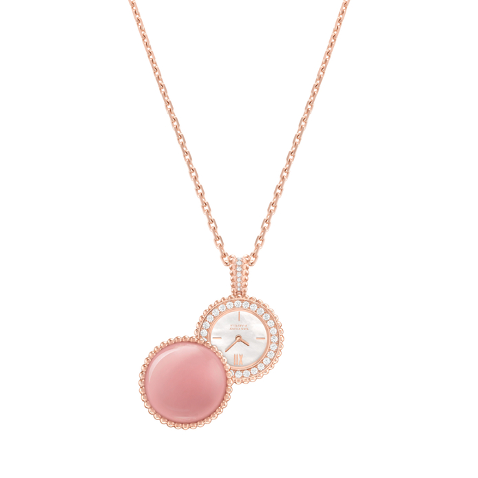 Perlée rose quartz Secret Pendant watch in gold, mother-of-pearl, rose quartz and diamond