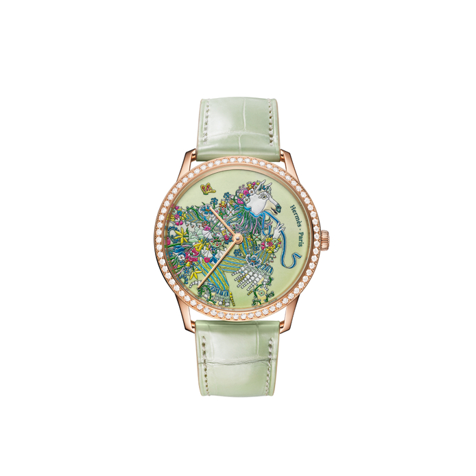 Slim d’Hermes watch in rose gold, miniature painting on a lemon chrysoprase dial and diamond