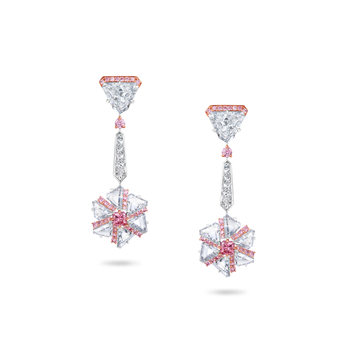 Girandola earrings in white gold, rose gold, pink and white diamonds with triangle cut white diamonds 