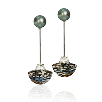 NatureScapes earrings in platinum, Tahitian pearl, petrified wood and half-moon rose-cut diamonds