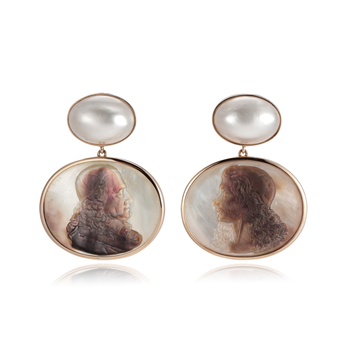 Molière and Corneille earrings in gold, pearl and mother-of-pearl cameos