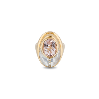 Love Bug ring in gold, morganite and mother-of-pearl 