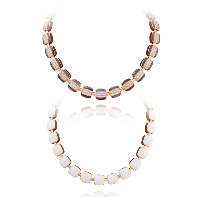 Reversible Xpandable necklace in gold, enamel, mother-of-pearl and diamond