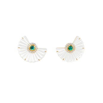 Arcane Alara Snowdrop earrings in gold, emerald, mother-of-pearl and diamond