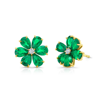 Flower earrings in gold, emerald and diamond