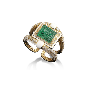 Assisi bracelet in gold, white enamel, a large carved emerald and diamond