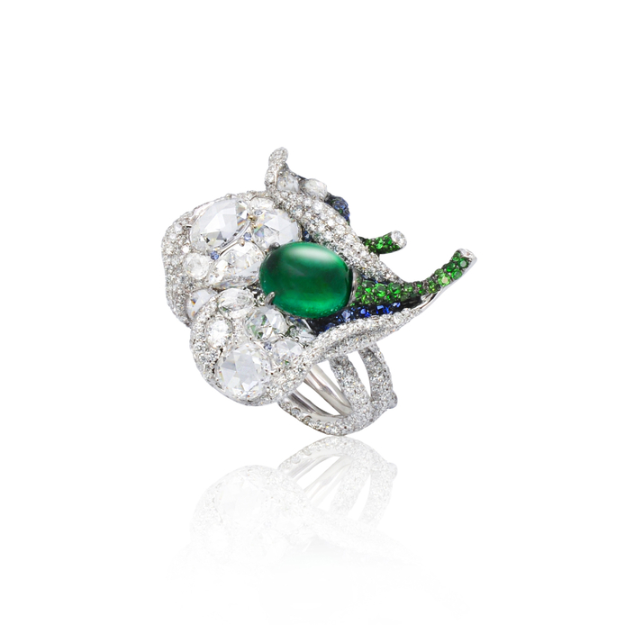 White Label Collection Emerald Floral ring in white gold, sapphire, tsavorite, emerald and diamond
