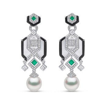 Cleopatra earrings in white gold, onyx, pearl and emerald 