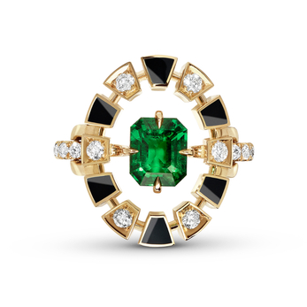 Frame ring in gold, black enamel, emerald and diamond