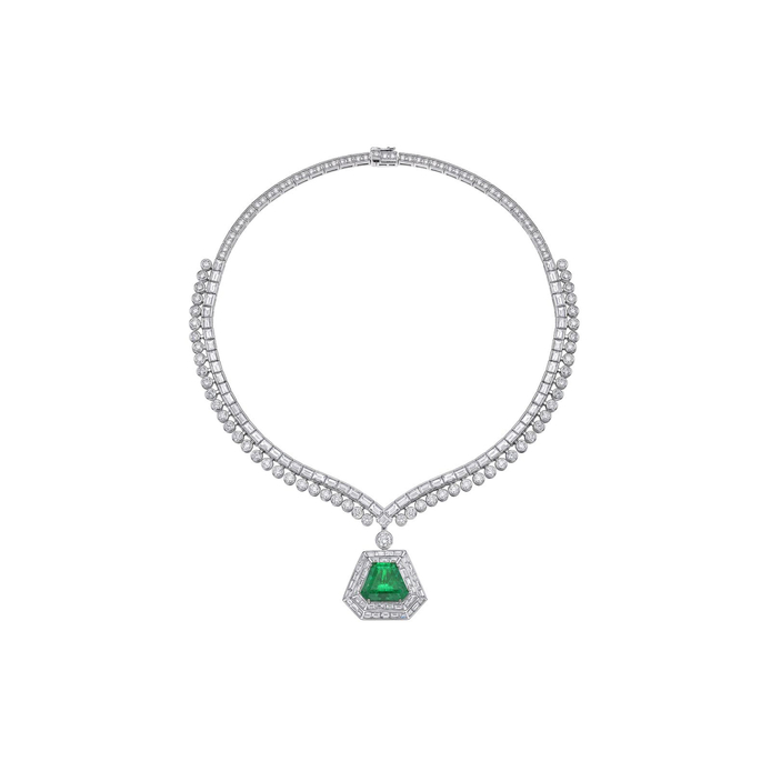 Crown necklace in gold, white gold, a 9.42-ct Colombian emerald and diamond