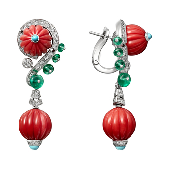 Yfalos earrings in white gold, coral, turquoise, emerald beads and diamond