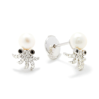 Paire De Puces Octopuss in white gold, pearl, grey diamond and black diamond