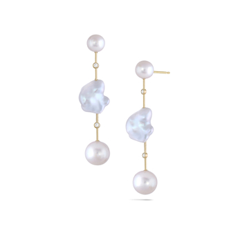 Round Cloudbar earrings in gold, round pearl and Keshi pearl
