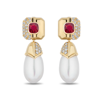 Scottie Pearl Drop earrings in gold, ruby, pearl and diamond