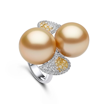 Sunrise Gold Double South Sea Pearl Triple Petal Diamond ring in white gold, gold Indonesian South Sea pearl and diamond