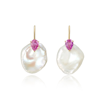 Earrings in gold, pink sapphire and Keshi pearl 